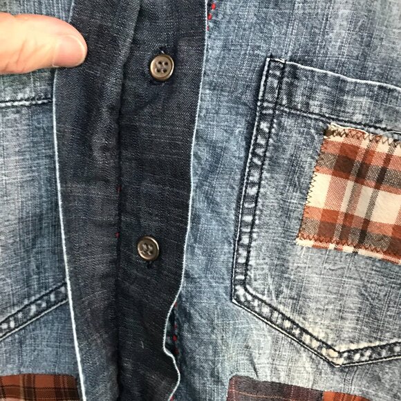 Sleeveless Patchwork Denim Shirt, Small: Upcycled Plaid Artsy Top with Fringe - Picture 6 of 10